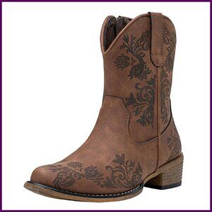 Women's Western Cowboy Ankle Boots Square Toe Zipper Block Heel